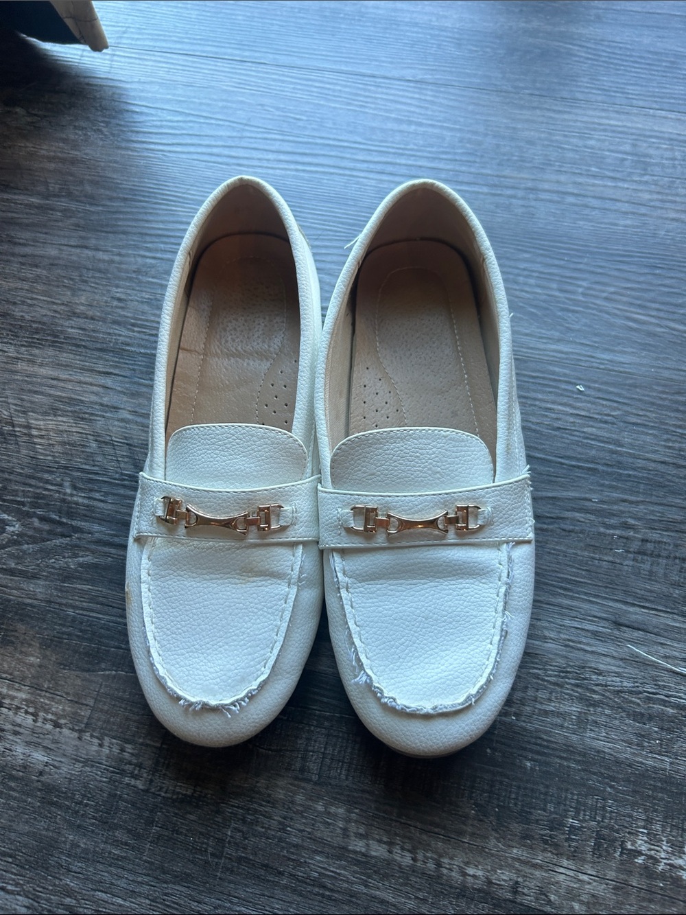 Women’s White vegan Leather Loafers with Gold Accent